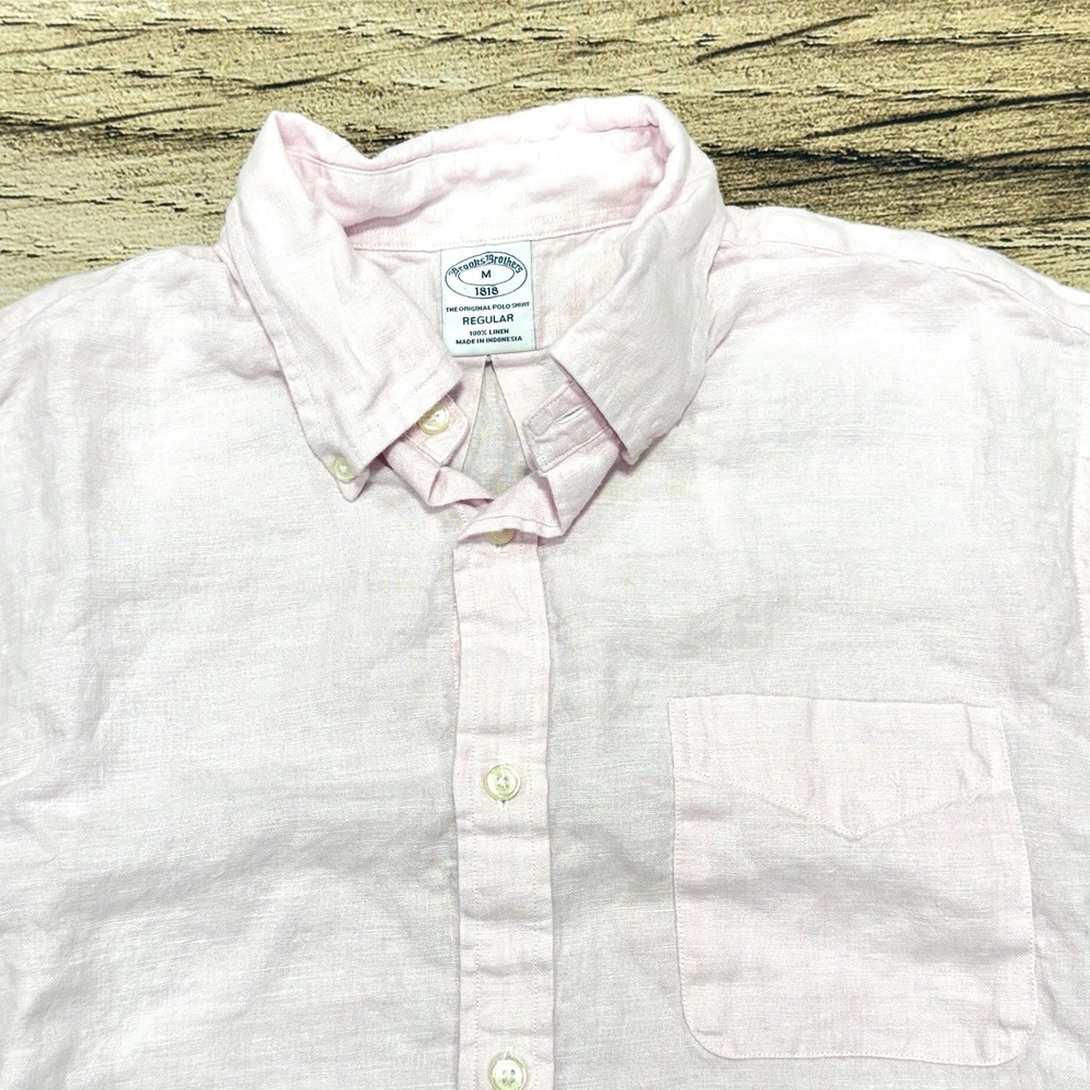 Brooks Brothers Shirt Med Pink 100% Linen Summer Casual Breathable Lightweight